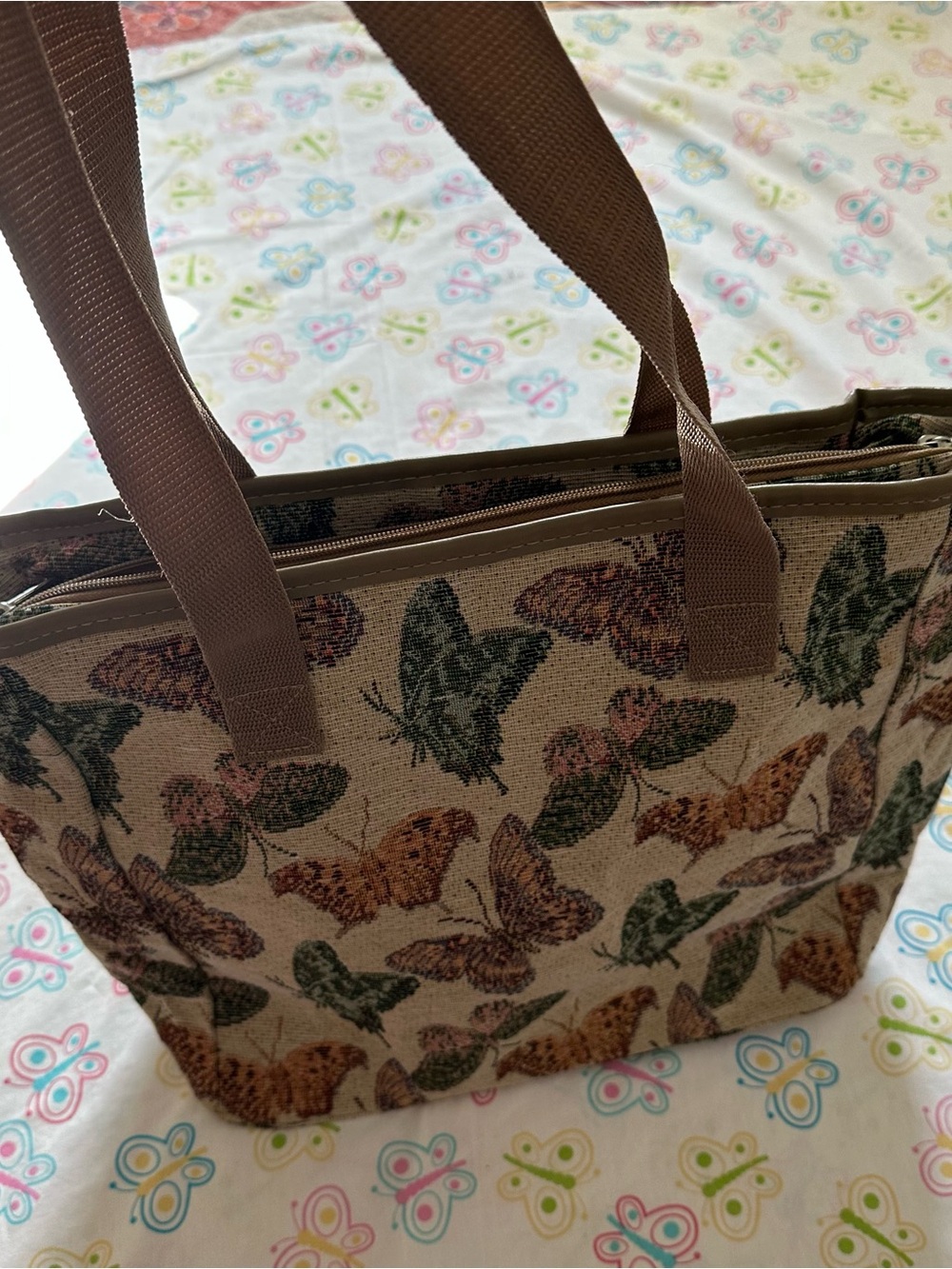 Vintage Taupe Butterfly Print Tapestry Tote Bag - Picture 7 of 7